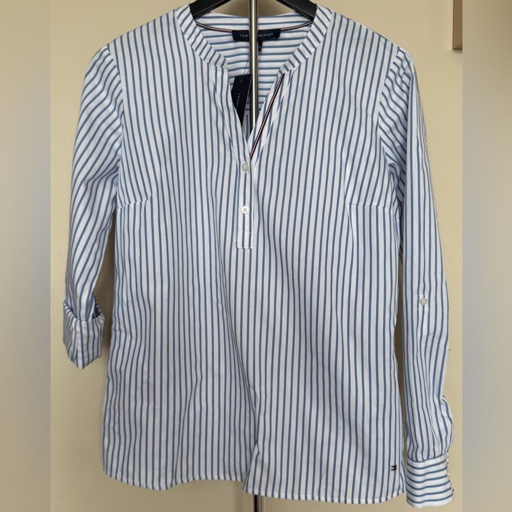 Tommy Hilfiger White and Blue Striped Casual Shirt